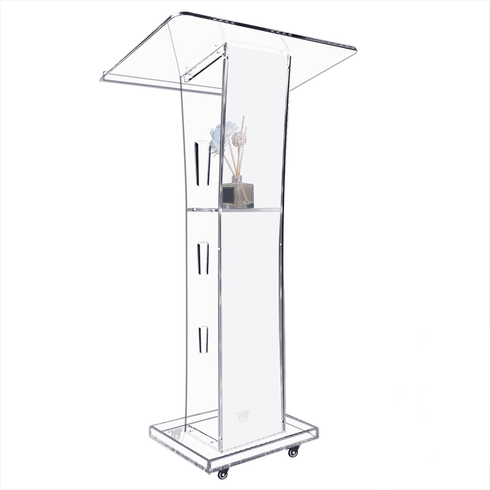 Afitdon Podio Acrilico, Trasparente in Acrilico con Ruote e scaffalatura di archiviazione, pulpito Chiesa con Luce LED a 15 Colori, Supporto per podio per Chiesa, conferenza, Matrimonio, Aula