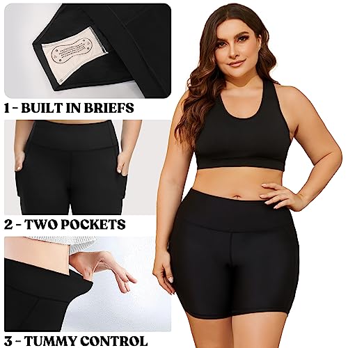 COOTRY Womens Plus Size Swim Shorts High Waisted Tummy Control Swimsuit Bottoms Board Shorts with Pockets3