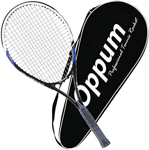 OPPUM Adult Carbon Fiber Tennis Racket, Super Light Weight Tennis Racquets Shock-Proof and Throw-Proof,Include Tennis Bag Tennis Overgrip (Aluminum-Carbon Racquet(Balck Blue), 4 1/4)