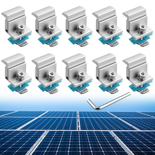 Anbte 10pcs Adjustable Solar Panel End Clamp for Unistrut, 30-50mm Aluminum Solar Panel Mounting Brackets with Nuts Bolts and Wrench, for Metal Roof, Tin Roof, Flat Roof, Sheet Roof, RV, Silver