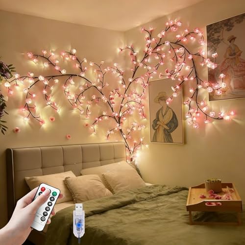 FIALAME Cherry Blossom Lights for Bedroom Wall Decor 4FT 48 LED DIY Cherry Blossom Decorations LED Blossom Tree Flower Lights Pink Aesthetic Room Decor Remote Timer 8 Lighting Modes