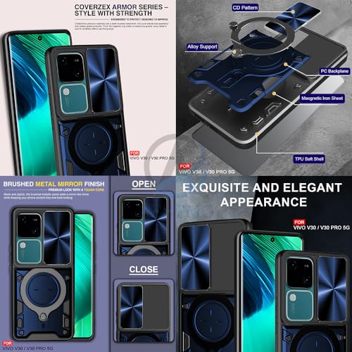 Image of AESTMO Armor Vivo V30 / V30 Pro 5G Bumper Back Case Cover | Ring Holder & CD Pattern Sliding Camera Shutter Cover | 360 Degree Protection Back Case Cover for Vivo V30 / V30 Pro 5G (Blue)