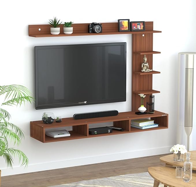 Image of Anikaa Tyron Engineered Wood Wall Mount TV Unit /TV Stand /Wall Set Top Box Stand /TV Cabinet /TV Entertainment Unit with LED Light (Walnut)(Ideal for Upto 42 inch)(D.I.Y)