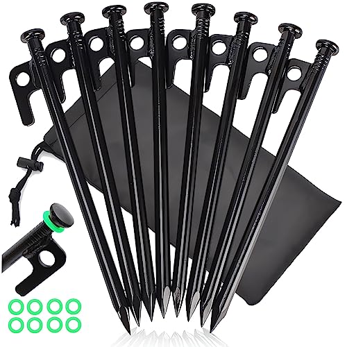 8 Piquetas para Tienda de Acero, Tarea Pesada Estacas para Tienda 20cm, Piquetas Camping Suelo Duro, Piquetas Largas y Estables para Camping, con Gancho y Aagujero para Acampar y al Aire Libre Ideal