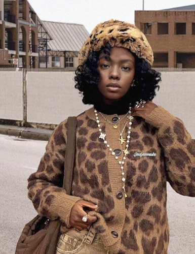 Image of Silent Vortex Women's Leopard Print Button Down Long Sleeve Fuzzy Cardigan Sweaters Vintage Cheetah Shrug Jackets