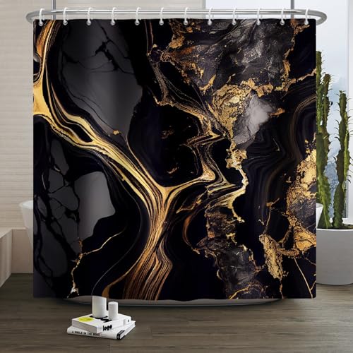 Xiaoterna Marble Shower Curtain Abstract Black Gold Marble Bathroom Curtain Gold Powder Sparkling Modern Luxury Marble Shower Curtain Machine Washable Waterproof Fabric 150x200cm