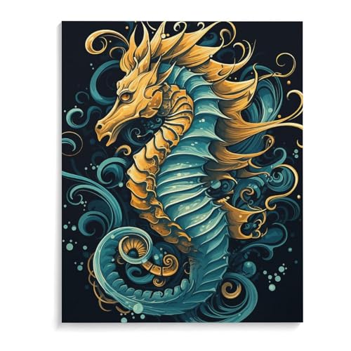 Tableau mural personnalisé hippocampe bleu en lin 40x50 cm avec cadre
