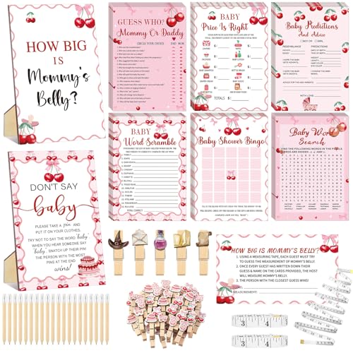 Funnymoom 426 Pcs Cherry Baby Shower Games Set-8 Games, Includes Baby Shower Bingo Price is Right Guess Word Scramble Prediction and Advice How Big is Mommy's Belly Don't Say the Words