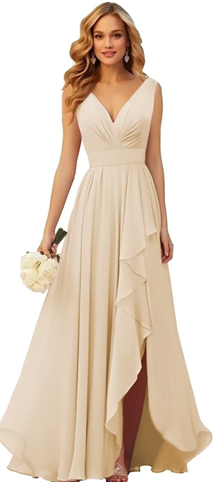 DIYFUV Neck Chiffon Bridesmaid Dresses with Slit Ruffle Pleated Formal Prom Party Dress