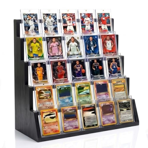 5 Tier Wooden Card Display Stand Vertical Card Holder Display for Trading Cards Game Cards Sports Cards Graded PSA/BGS/SGC Baseball Basketball&Football(Soccer) Card Stand Desk & Shelf Organize Black
