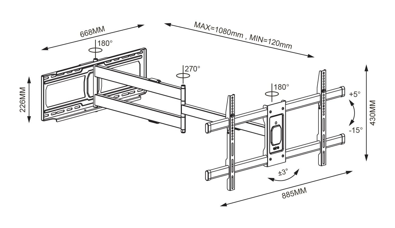 Techly 368048 Supporto a Muro Extra Long Full Motion per TV 42-80" Nero