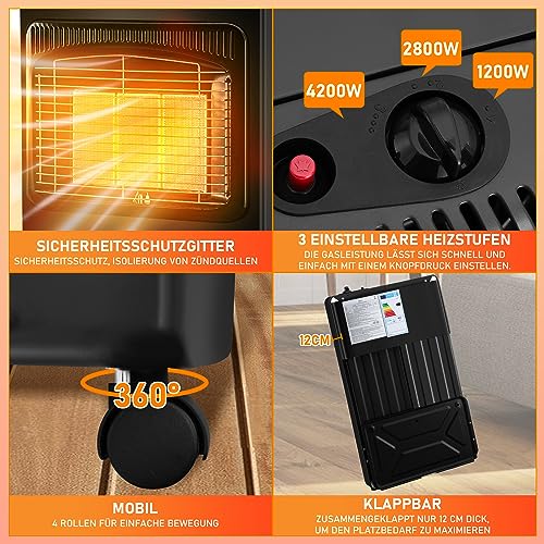 Ikodm Gasheizofen, Gasheizer, 1400- 4200 Watt Gasofen 3 Stufen einstellbar Gasheizgerät, Heizstrahler mit Gasdruckregler und Gasschlauch, Gasflaschen bis 10 Kg (Schwarz)-4