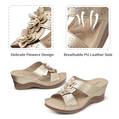 Image of TEMOFON Womens Wedge Sandals Leather: Comfortable Walking Shoes Summer | Fit Wide Foot - Cute Style - Wear True Size 5-11