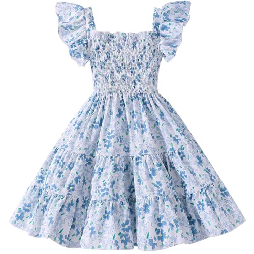 Girls Summer Dress Baby Girl Dinosaur Smocked Dress Ruffle Halter Sleeveless Swing Twirly Sundress Casual Beach Tutu Dress