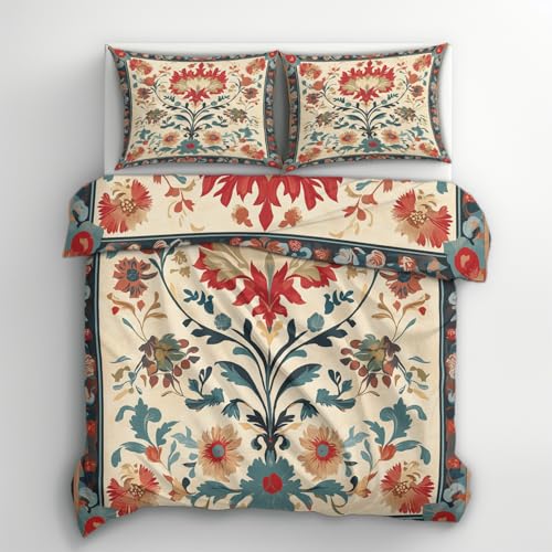 Générique Housse de Couette Fleurie Vintage 220x240, Parure de Lit Motif Fleurs Ethnique Bohème Floral 2 Personnes - Decoration - 2 Taies d'oreiller 65x65, Fermeture Éclair, Microfibre - PKA9217
