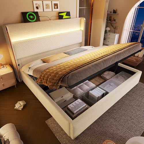 Zravenna Moderna cama tapizada de 160 x 200 cm, con cajonera y cabecero alto, espacio de almacenamiento oculto debajo de la cama, cama doble para adultos y adolescentes, lino (beige)