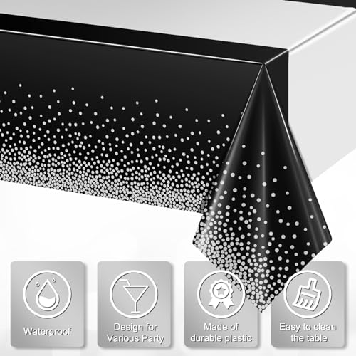 Image of 1Pcs Black Silver Tablecloth Party Decorations,Plastic Black Table Cloth Printed Silver Table Runner Disposable Rectangle Table Cover for Birthday Anniversary Wedding Graduation Party,54 x108 Inch