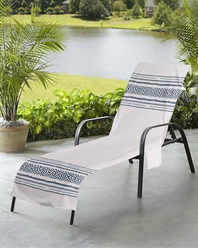 Boho Blue Beach Chair Towel Covers for Chaise Lounge with Side Pocket, Soft Plush Pool Towels Cover for Patio Sunbathing Outdoor Rustic Geometric Stripes Farmhouse Tribal Bohemia 29''x85''