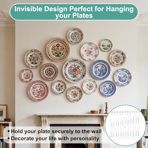 Image of Hotop 12 Pieces Plate Hangers for Wall Stainless Steel Wire Invisible Heavy Duty Plate Hangers Display Holders with 12 Pieces Hooks for Wall Decorative (4 /6 /8 /10 /12 /14 Inch,Silver)