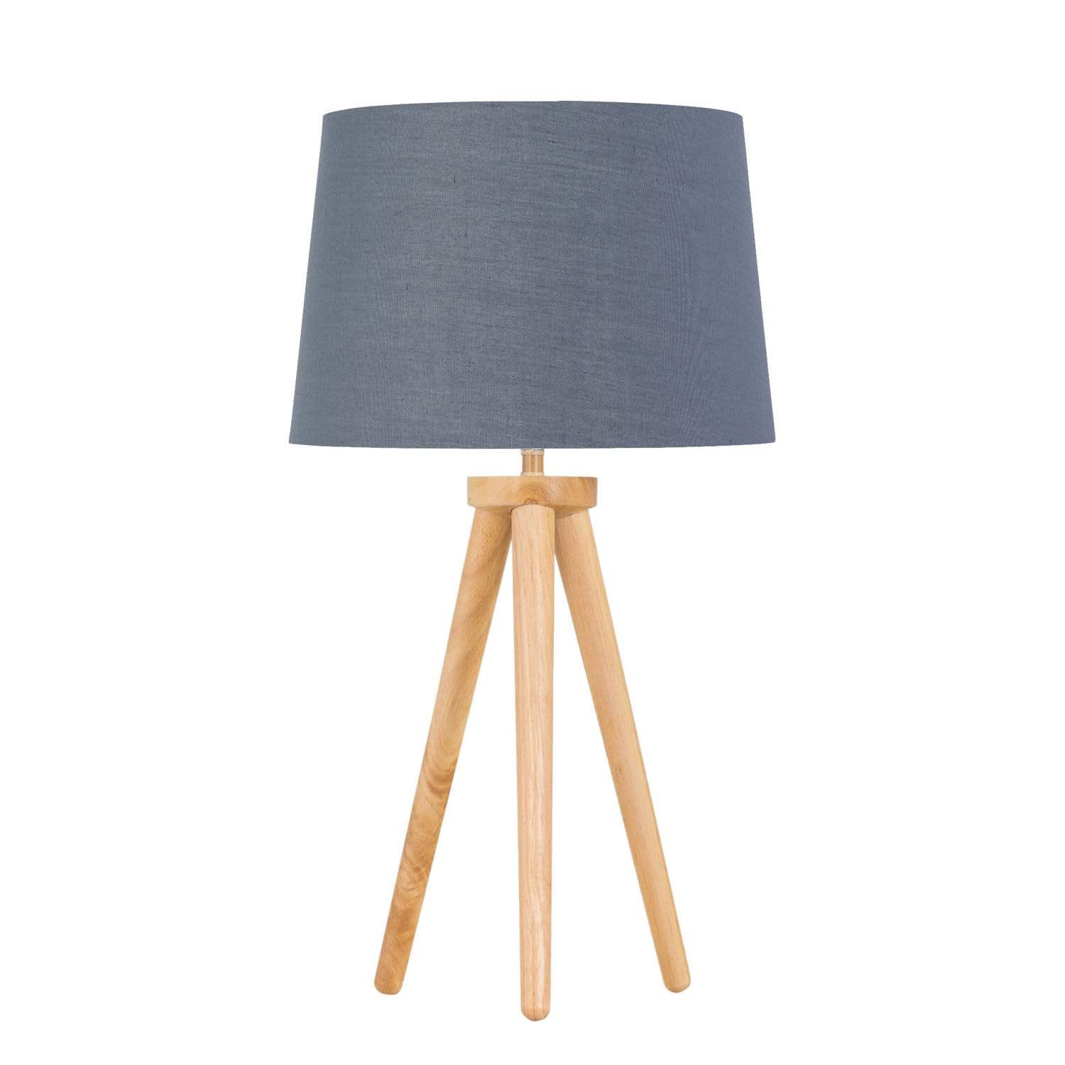Firstchoicelighting Light Wood & Dark Grey Modern Light Oak Table Lamp Or Bedside Light, Wood Tripod Design, Grey And Gold Inner Shade