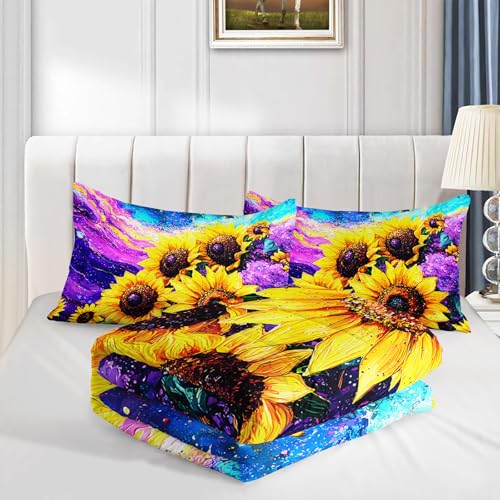 Image of AILONEN Oil Sunflower Printed Queen Size Comforter Set for Kids Teens Girls Women,Yellow Floral Purple Bedding Set for All Season Use,1 Quilt and 2 Pillowcase