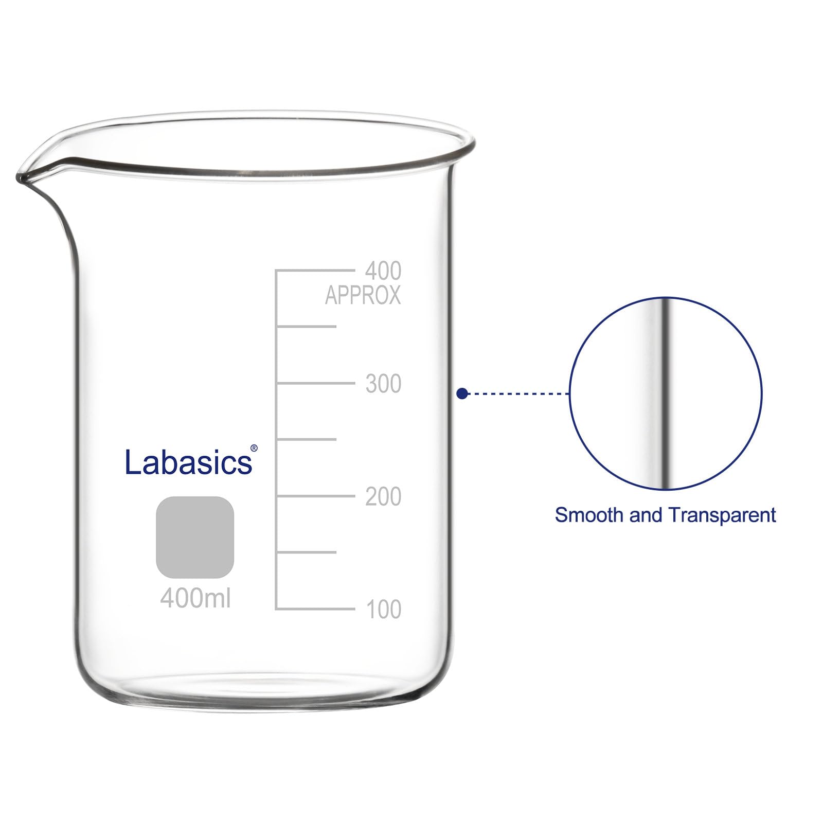 Labasics Bicchiere di Vetro, 1 Confezione, Bicchiere di Vetro Borosilicato a Forma Bassa Graduato Griffin con Beccuccio Versatore, 400 ml, Resistenza ad Alta Temperatura, Uso in Laboratorio