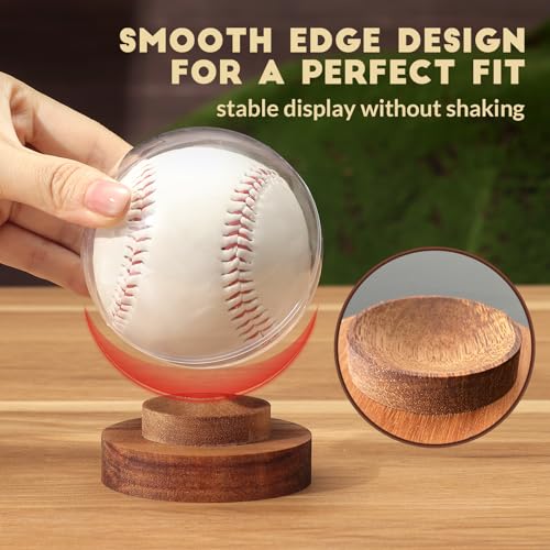 Image of JupDec Baseball Display Case, Round Clear Ball Holder with Wooden Base, Autograph Baseball Stand Box for Single Ball, Acacia Wood, Brown