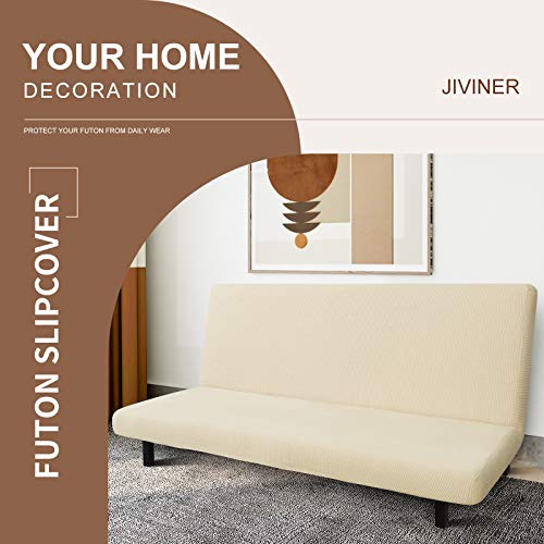 Jiviner Stretch Futon Cover Universal Armless Sofa Slipcover Non Slip Spandex Sofa Bed Without Armrest Cover Soft Spandex Futon Slipcover With Elastic Bands (Futon, Light Beige) #TOP1