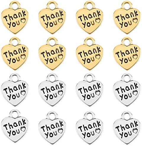 SUPERFINDINGS 160pcs Heart Pendant Tibetan 12x10x2mm Tibetan Style Alloy Charms with Word Thank You Antique Silver & Antique Golden for Necklace Jewelry Making, Hole: 2mm
