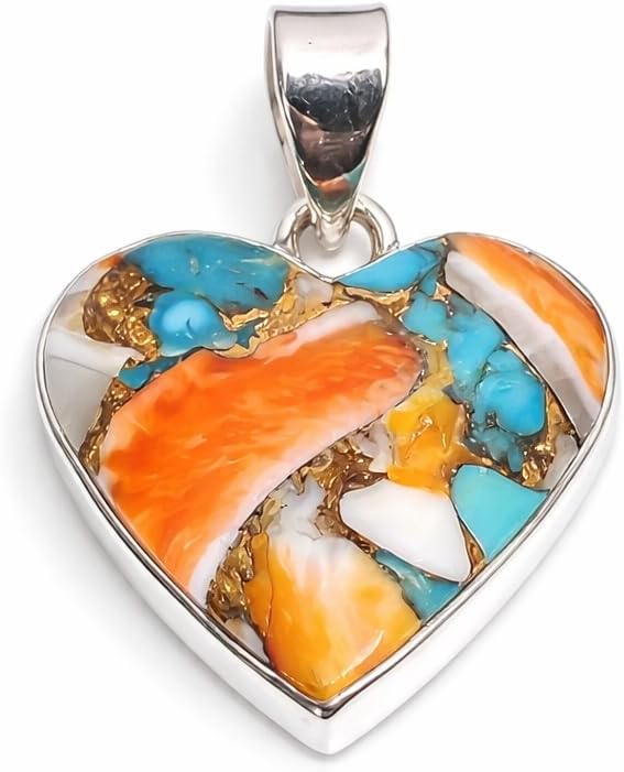 Natural Orange Spiny Oyster Turquoise Heart Pendant – 925 Solid Sterling Silver Handmade Statement Jewelry, Valentine Gift for Women