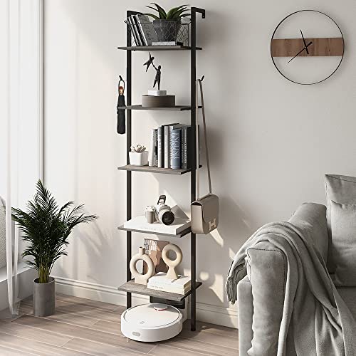 Tohomeor Retro Bookshelf Wall Mounted 5-Tiers Ladder Shelf Dark Grey Narrow Thin Bookshelf Farm House Open Display Storage Rack For Living Room Bedroom Home Office #TOP4