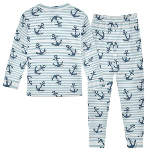 Pajama Sets Long Sleeve Sea Anchor Stripes Background Soft Comfy Sleepwear 2 Piece PJS 3-8T3