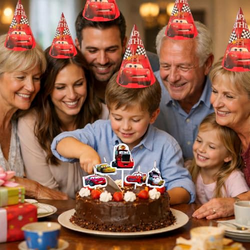 Image of Wanna Party Car Theme Birthday Decoration Combo Kit for Boys - Car Birthday Hats Pack of 8 & Car Theme Candles Pack of 5 | Racing Party Supplies Set for Kids Birthday