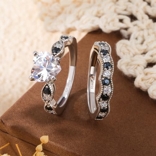 Image of Jeulia 3 Carat CZ Solitaire Engagement Rings Halo Milgrain Heart Cut Sterling Silver Ring Set Promise Engagement Wedding Anniversary Rings Bridal Sets for Women