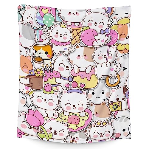 Cat Throw Blanket for People - 30x40 Inches Cartoon Cat Blankets for Kids - Pink Soft Fuzzy Plush Throws for Couch, Office