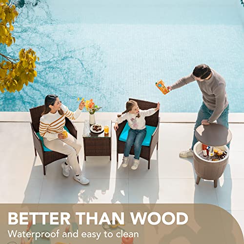 Devoko Patio Porch Furniture Sets 3 Pieces Pe Rattan Wicker Chairs With Table Outdoor Garden Furniture Sets (Brown/Blue) #TOP5