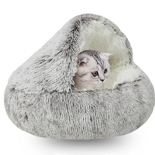 WTZHHK Cuccia Chiusa per Gatti e Cani - Lettino Rotondo in Morbido Peluche Lavabile Con Cuscino Caldo - Interno (Colore: Marrone, Dimensione: 40CM)