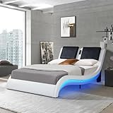 Smart Faux Leather Platform Bed Frame with Massage and Speaker Player Headboard, Curved Shaped Platform Bed with LED Lights ＆ USB Charging Ports,Wood Slat Support,No Box Spring Needed(White,Queen)