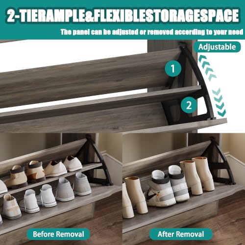 Image of Shoe Cabinet for Entryway with 3 Flip Drawers, Grey Tall Wood Shoe Storage Cabinet with Coat Rack, Narrow Hidden Slim Freestanding Shoe Rack Organizer, 2 in 1 Hall Tree for Living Room, Hallway