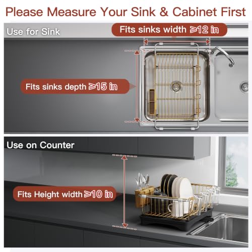 Image of JASIWAY Gold Dish Drying Rack in Sink with Drainboard and Utensil Holder