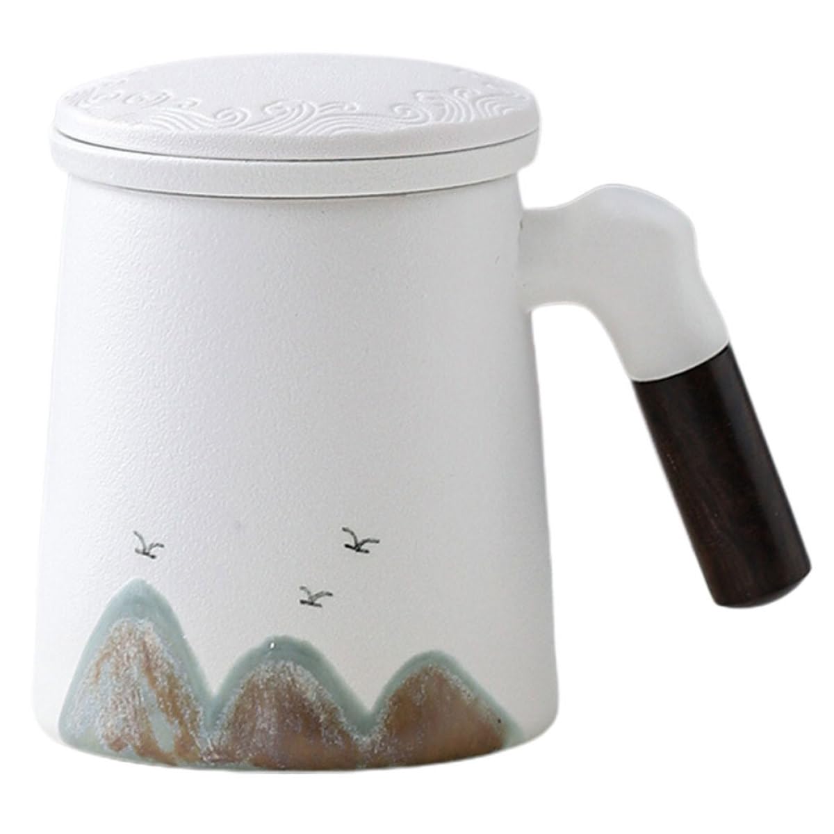 Zerodeko Taza de Té de Cerámica Pequeña con Infusor y Tapa, Filtro Integrado Antidesbordamiento, Apta para Oficina y Viajes, Taza Portátil para Infusiones, Color Claro