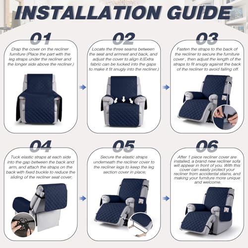 Image of TAOCOCO 100% Waterproof Recliner Covers, Recliner Sofa Covers with Leg Straps, Reversible Recliner Couch Cover for Reclining Chair, Washable Couch Protector for Pets Kids(1 Seater 22 inch, Dark Blue)