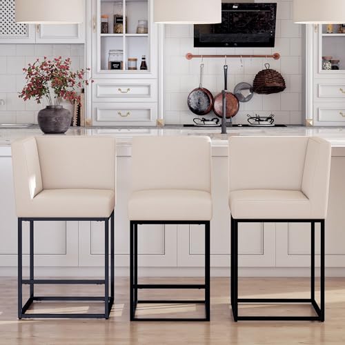 Image of HNY Modern Counter Height Bar Stools Set of 3, Linen Upholstered Contemporary Barstools with Back, 27 Inch Bar Chairs with Black Metal Frame for Kitchen Island, Cream