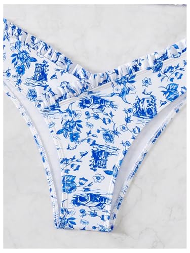 Women's 2 Piece Bikini Sets High Cut Ruffle Trim Triangle Floral Bathing Suit Wireless Tie Back Swimsuit3