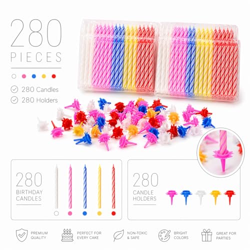 Image of Cwise 280-Count Birthday Candles Bulk Pack with Holders - Spiral Cake & Cupcake Candles - Multicolor Slim Party Candles - Colorful Cake Decorations