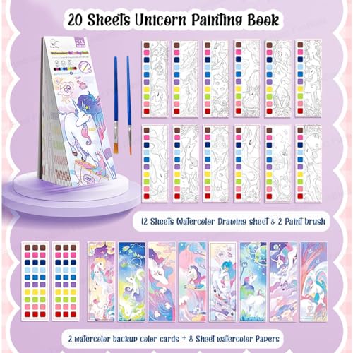 Image of FunBlast 2-in-1 Watercolor Coloring Book for Kids - 20 Sheets Unicorn Painting & Drawing Book with Paint Brush and DIY Bookmark | Magic Water Art Book (Multicolor)