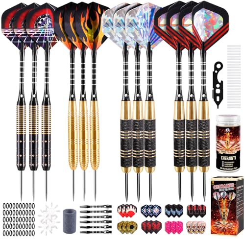 CHERAINTI Darts Metal Tip Set, Professional Steel Tip Darts, 20g 24g Pro Metal Tipped Dart Set for Dartboard with Brass Barrels, Aluminum Shafts, Extra Flights, Sharpener Tool Kit, and Carrying Case