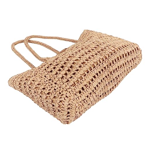 Woven Straw Large Bag, Vintage Hollow Out Double Handle Zipper Inner Pocket Straw Shoulder Bag (Coffee Color)