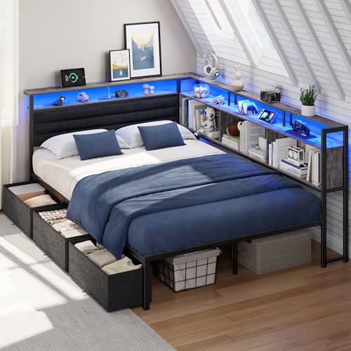 Image of OURPIC Full Size Bed Frame with Headboard and Storage Drawers, Full Metal Platform Corner Bed Frame with Charging Station and LED Lights, Heavy Duty Strong Support Slats and Easy to Assemble, Gray