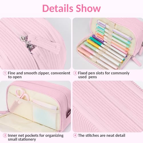 Image of Sooez Big Capacity Pencil Case Pen Pouch, Soft Corduroy Pencil Bag with 3 Compartment, Multiple Pockets, Sturdy Zipper, Cute School Supplies Pen Bag Organizer For Teen Girls College, Pink